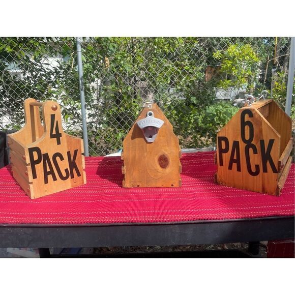 Custom Wood Beverage Caddy W/ Bottle Opener/4-Pack New - Picture 10 of 16